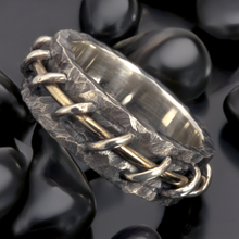 Rustic Mens Wedding Band, Sterling Silver & 14K Gold Ring, RS-1284