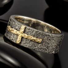 Mens Celtic Cross Wedding Band, Sterling Silver & 14K Gold Ring, 1205-A