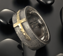 Mens Cross Ring, Sterling Silver & 14K Gold Christian Wedding Band, RS-1205