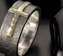 Mens Cross Ring, Sterling Silver & 14K Gold Christian Wedding Band, RS-1205