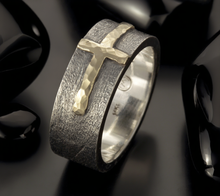 Mens Cross Ring, Sterling Silver & 14K Gold Christian Wedding Band, RS-1205