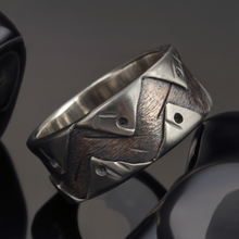 Men's Mixed Metal Wedding Band, Silver & Copper Geometric Ring, RS-1280