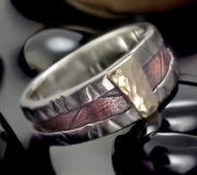 Mixed Metal Mens Wedding Band, Sterling Silver Copper & 14K Gold, RS-1291
