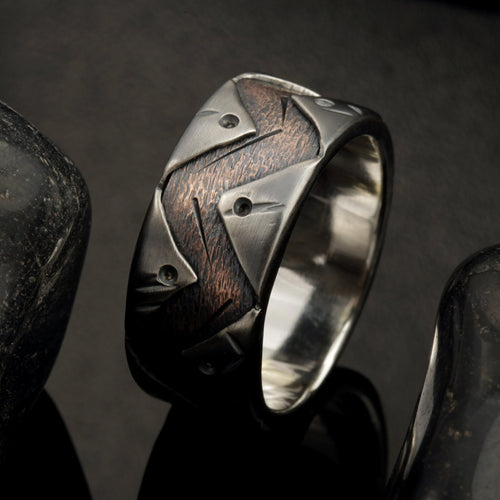 Men unique wedding Ring, Men Silver Ring, Men Wedding Band, Two tone silver copper ring, Bark Silver Ring, Textured Ring, RS-1280