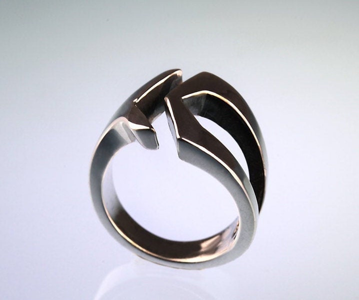 Unisex Statement Ring, Open Ring, Bar Ring, 14k White Gold Ring, Tribal Wedding Band, Modern Ring, Gold Statement Ring, Wide Ring, RS-1042