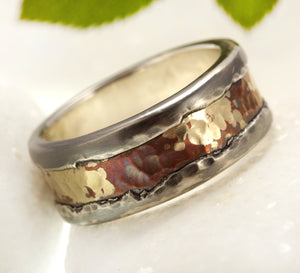 Men Ring, Silver Copper and Gold, Mens Wedding Ring, Rustic Wedding Band, Gift for him, Two Tone Ring, RS-1294