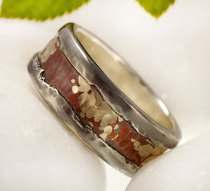 Men Ring, Silver Copper and Gold, Mens Wedding Ring, Rustic Wedding Band, Gift for him, Two Tone Ring, RS-1294