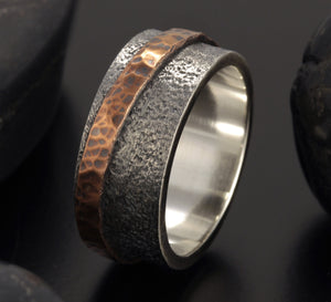 Sterling Silver Wedding Band, Mens Wedding Ring, Silver Copper Ring, Wide Men Band, 10 mm Ring, Men's Rustic Ring, Men's Gift, RS-1244