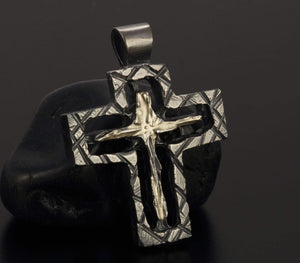Mens Cross Pendant Silver and 14K Gold P-122