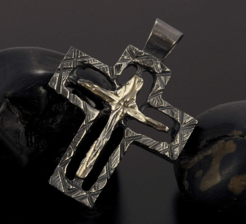 Mens Cross Pendant Silver and 14K Gold P-122