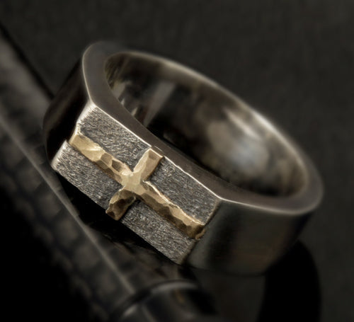 Mens cross Ring - Mens  Band - Mens Jewelry - christian ring - Hammered mens ring band - Personalized Ring - Mens Gift -  RS-1275