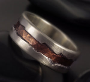 Hammered Silver & Copper Ring, Mens wedding band, Mens Silver ring, Engrave man ring, Men silver ring,    RS-1281