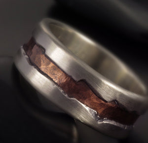 Hammered Silver & Copper Ring, Mens wedding band, Mens Silver ring, Engrave man ring, Men silver ring,    RS-1281