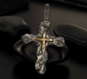Cross Pendant, Mens Cross Sterling Silver Handmade Pendant, Silver and 14K solid Gold Handmade Cross Pendant, Cross Jewelry, P-118