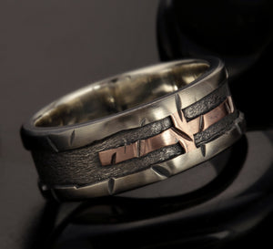 Mens Ring, 14K Gold Cross Silver or Copper, Mens Womens Wedding Band, Gift for men, 10mm ring RS-1408