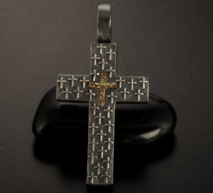 Mens Cross Pendant Silver and 14K Gold Handmade, Mens Cross Sterling Silver Handmade Pendant, Cross Jewelry, P-128