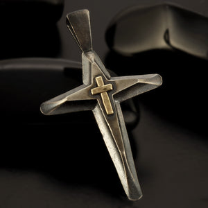 Handmade Cross Pendant, Cross Pendant, Mens Cross Sterling Silver and 14K Gold Pendant, Cross Jewelry, P-117-S