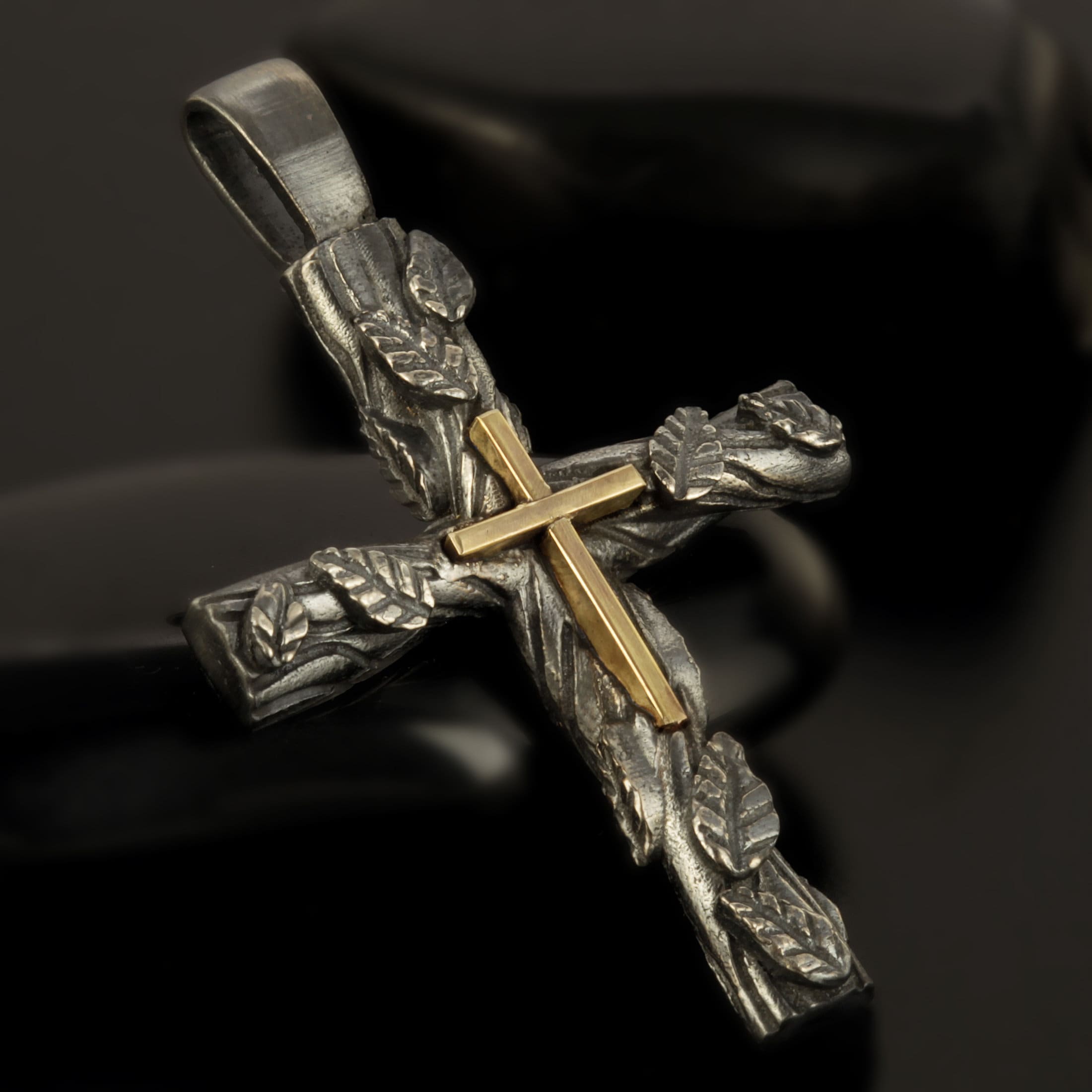 Handmade Cross Pendant Silver and 14K Gold, Mens Cross Sterling Silver Handmade Pendant, Cross Jewelry, P-149